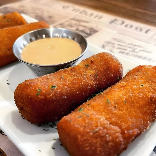 Cuban croquettes, golden brown and sprinkled with herbs, served with a side of dipping sauce.